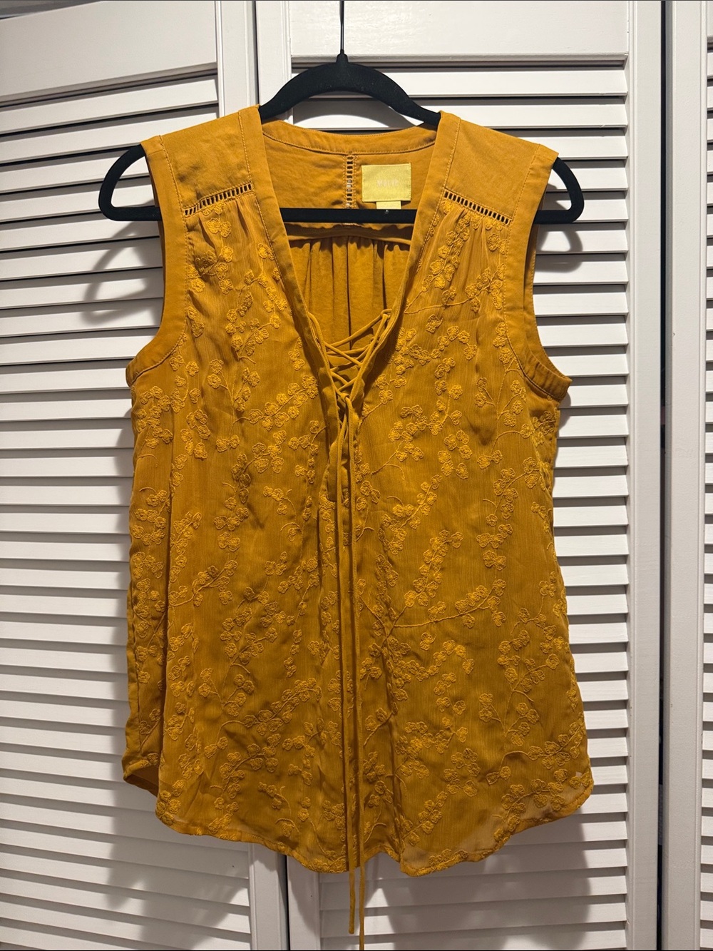 Anthropologie Mustard Embroidered Lace-Up Tank